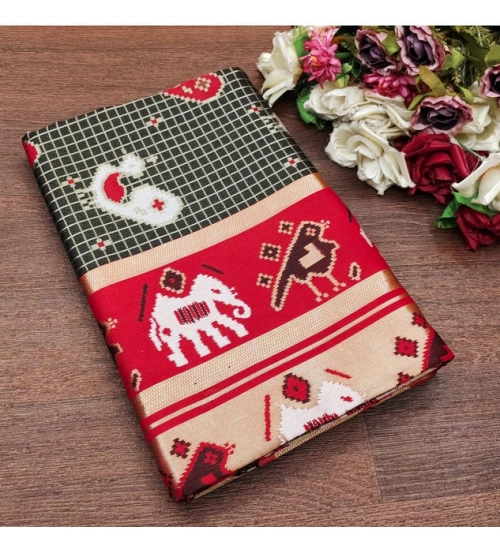 Generic Women's Soft Litchi Silk Jacquard Work Saree With Unstitched Blouse 5.5Mtr (Black-Red)