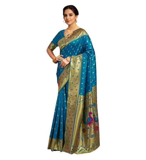 Generic Women's Silk Blend Zari Weaving Saree With Unstitched Blouse 5.5Mtr (Turquoise)