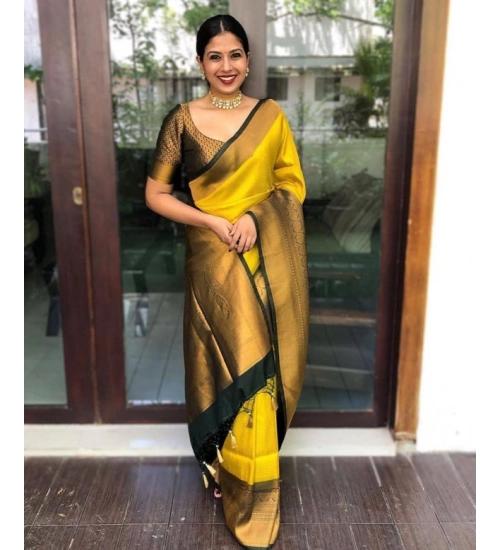 Generic Women's Litchi silk Printed Saree With Unstitched Blouse (Yellow)