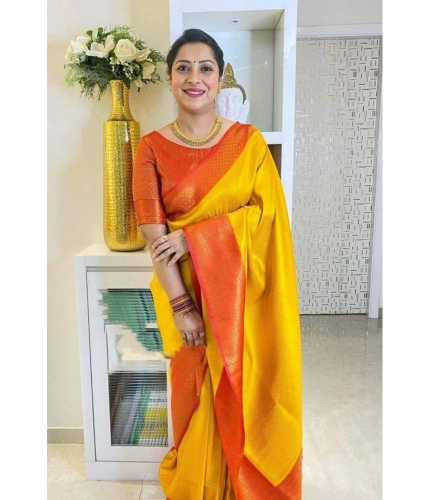 Generic Women's Soft Lichi Silk Printed Saree With Unstitched Blouse 5.5Mtr (Mustard )