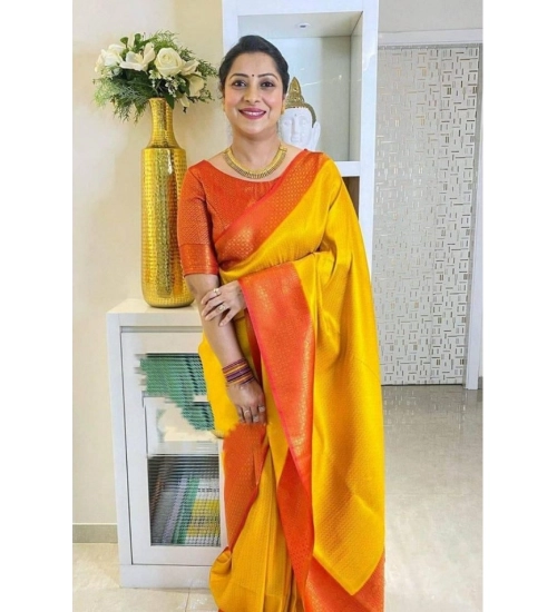 Generic Women's Soft Lichi Silk Printed Saree With Unstitched Blouse 5.5Mtr (Mustard )