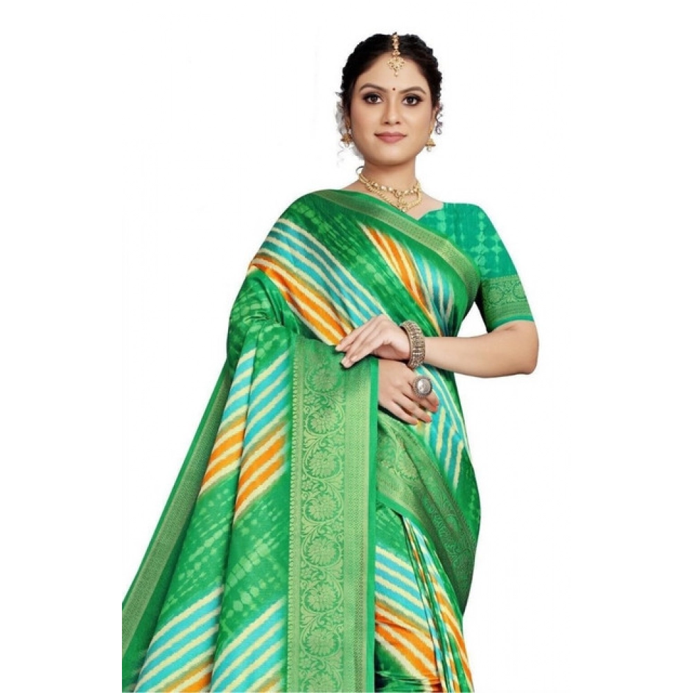 Women’s Cotton Silk Striped  Saree With Unstitched Blouse 5.5Mtr (Green)