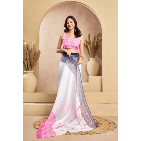 Generic Women's Faux_Linen Printed Ready-to-Wear Saree With Unstitched Blouse 5.5 Mtr (Off_White)