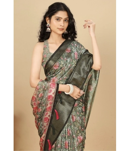 Generic Women's Cotton Silk Floral Printed Saree With Unstitched Blouse 5.5Mtr (Grey)