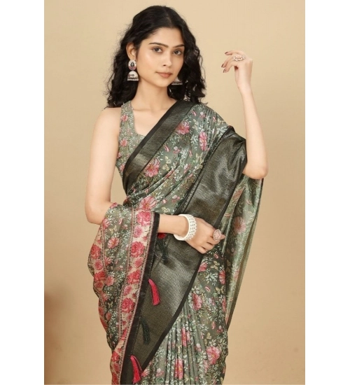 Generic Women's Cotton Silk Floral Printed Saree With Unstitched Blouse 5.5Mtr (Grey)