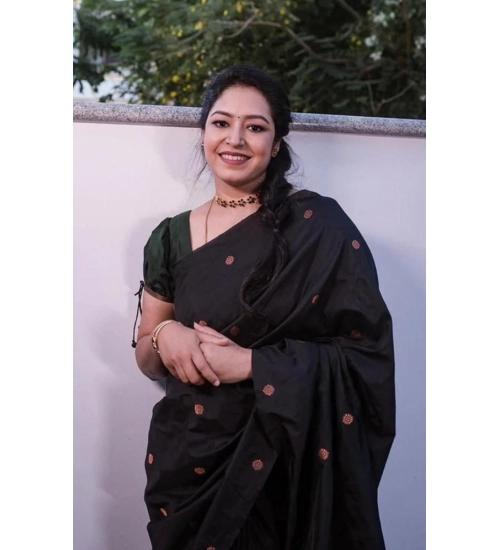 Generic Women's Litchi silk Printed Saree With Unstitched Blouse (Black)