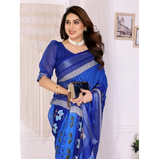 Generic Women's Linen Cotton  Printed Saree With Unstitched Blouse 5.5Mtr (Blue)