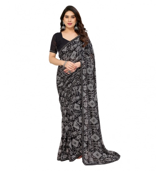 Generic Women's Georgette Printed Saree With Unstitched Blouse 5.5Mtr (Black)