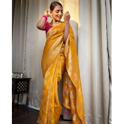 Generic Women's Soft Litchi Silk Jacquard Work Saree With Unstitched Blouse 5.5Mtr (Mustard Yellow)