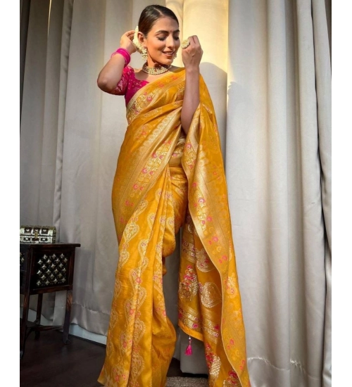 Generic Women's Soft Litchi Silk Jacquard Work Saree With Unstitched Blouse 5.5Mtr (Mustard Yellow)