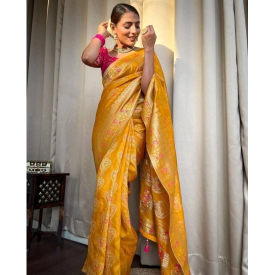 Generic Women's Soft Litchi Silk Jacquard Work Saree With Unstitched Blouse 5.5Mtr (Mustard Yellow) Generic Women's Soft Litchi Silk Jacquard Work Saree With Unstitched Blouse 5.5Mtr (Mustard Yellow)