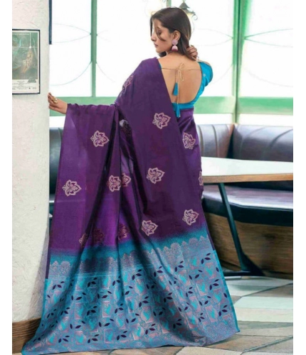 Generic Women's Soft Lichi Silk Printed Saree With Unstitched Blouse 5.5Mtr (Blue)