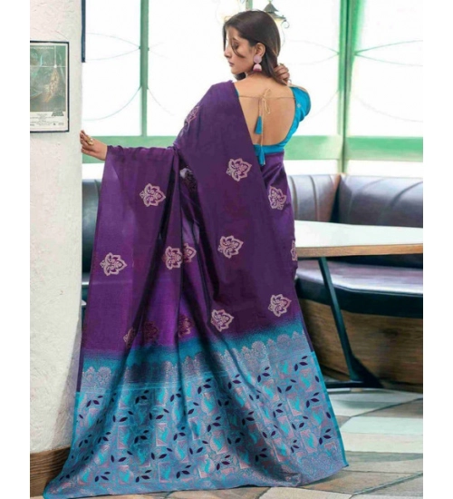 Generic Women's Soft Lichi Silk Printed Saree With Unstitched Blouse 5.5Mtr (Blue)