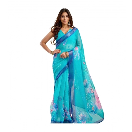 Generic Women's Linen Cotton Printed Ready To Wear Saree With Unstitched Blouse 5.5 Mtr (Light_Aqua_Blue)