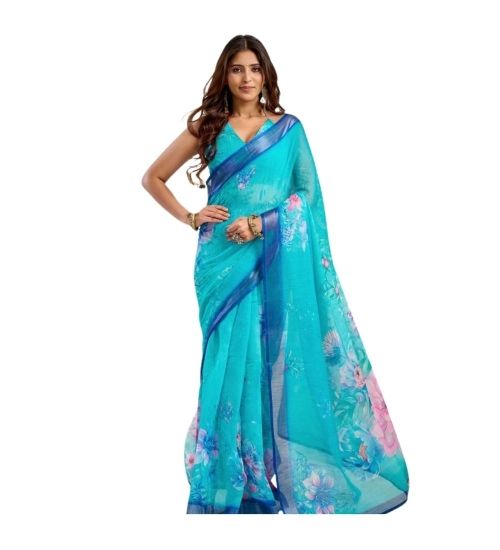 Generic Women's Linen Cotton Printed Ready To Wear Saree With Unstitched Blouse 5.5 Mtr (Light_Aqua_Blue)