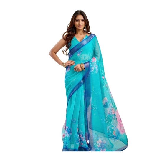 Generic Women's Linen Cotton Printed Ready To Wear Saree With Unstitched Blouse 5.5 Mtr (Light_Aqua_Blue)
