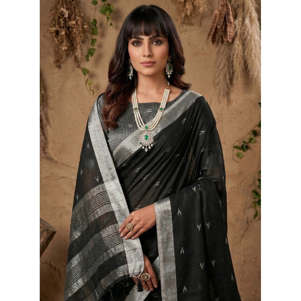Generic Women's Linen Cotton Printed Saree With Unstitched Blouse 5.5Mtr (Black)
