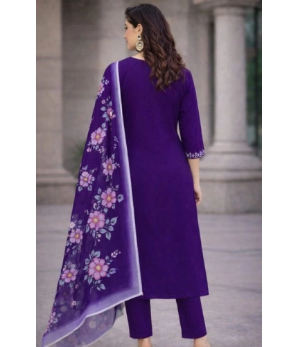 Generic Women's Chanderi Silk Ethnic Motif V-Neck 3/4th Sleeve Kurti With Pant Dupatta Set (Purple)