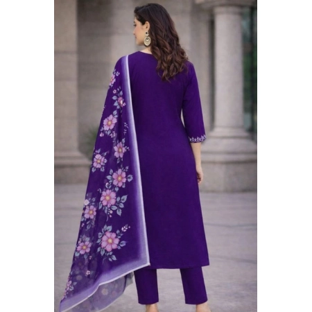 Generic Women's Chanderi Silk Ethnic Motif V-Neck 3/4th Sleeve Kurti With Pant Dupatta Set (Purple) Generic Women's Chanderi Silk Ethnic Motif V-Neck 3/4th Sleeve Kurti With Pant Dupatta Set (Purple)