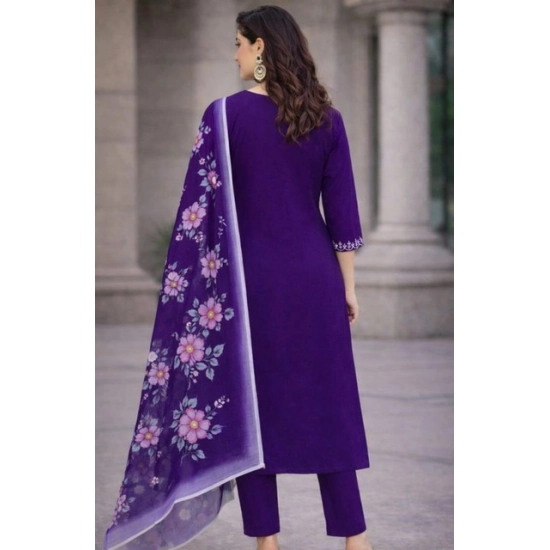 Generic Women's Chanderi Silk Ethnic Motif V-Neck 3/4th Sleeve Kurti With Pant Dupatta Set (Purple) Generic Women's Chanderi Silk Ethnic Motif V-Neck 3/4th Sleeve Kurti With Pant Dupatta Set (Purple)