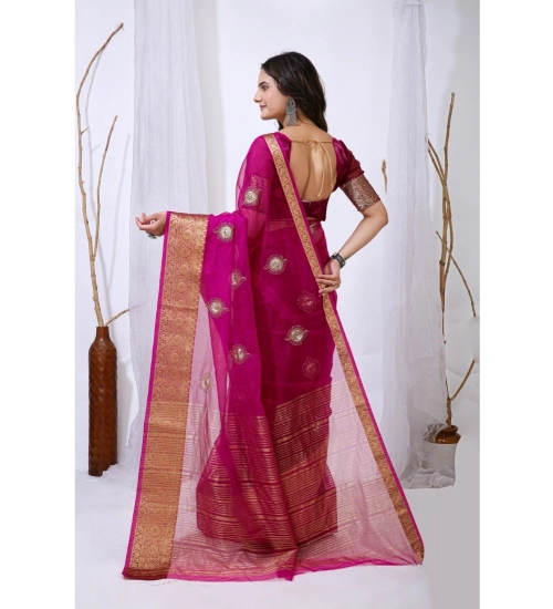 Generic Women's Organza jacquard Embellished Saree With Unstitched Blouse 5.5Mtr (Pink)