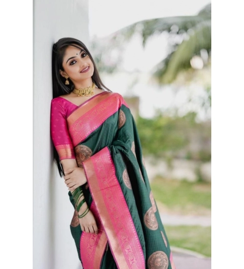 Generic Women's Soft Litchi Silk Jacquard Work Saree With Unstitched Blouse 5.5Mtr (Green)