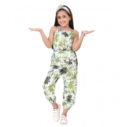 Generic Girl's Denim Embroidered Sleeveless Jumpsuit (White-Green)
