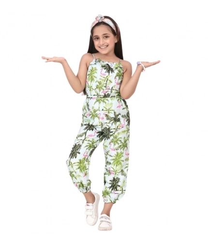Generic Girl's Denim Embroidered Sleeveless Jumpsuit (White-Green)