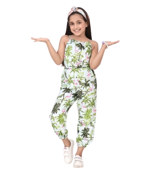Generic Girl's Denim Embroidered Sleeveless Jumpsuit (White-Green)