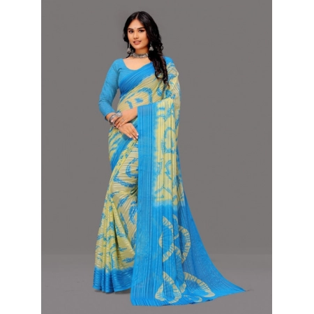 Generic Women's Georgette Striped Printed Saree With Unstitched Blouse 5.5Mtr (Blue-Pale Yellow)