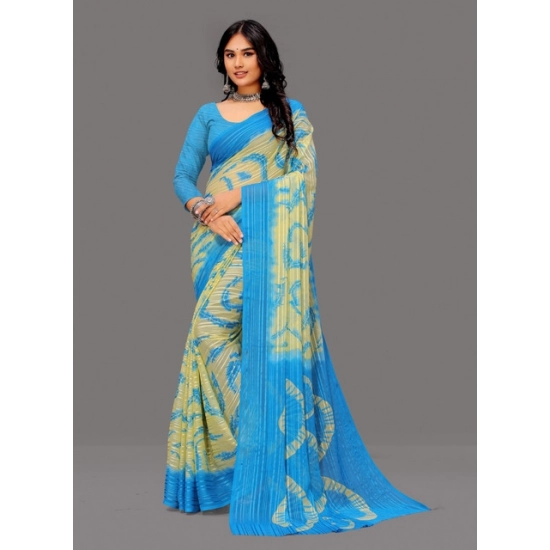 Generic Women's Georgette Striped Printed Saree With Unstitched Blouse 5.5Mtr (Blue-Pale Yellow)