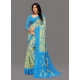 Generic Women's Georgette Striped Printed Saree With Unstitched Blouse 5.5Mtr (Blue-Pale Yellow)