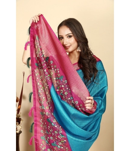 Generic Women's Cotton Silk Printed Saree With Unstitched Blouse 5.5Mtr (Blue-Pink)