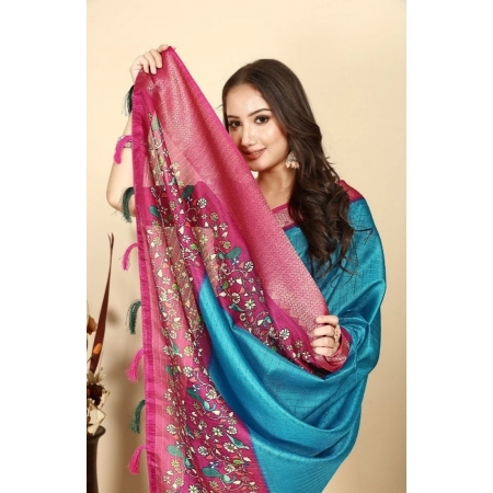 Generic Women's Cotton Silk Printed Saree With Unstitched Blouse 5.5Mtr (Blue-Pink)