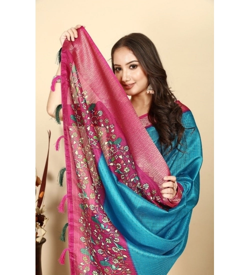 Generic Women's Cotton Silk Printed Saree With Unstitched Blouse 5.5Mtr (Blue-Pink)