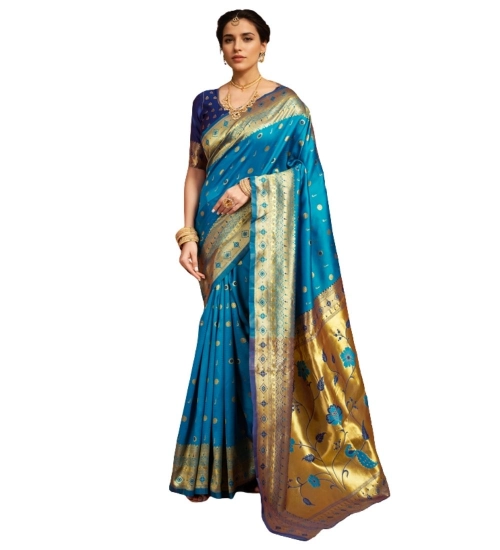 Generic Women's Silk Blend Zari Weaving Saree With Unstitched Blouse 5.5Mtr (Aqua)