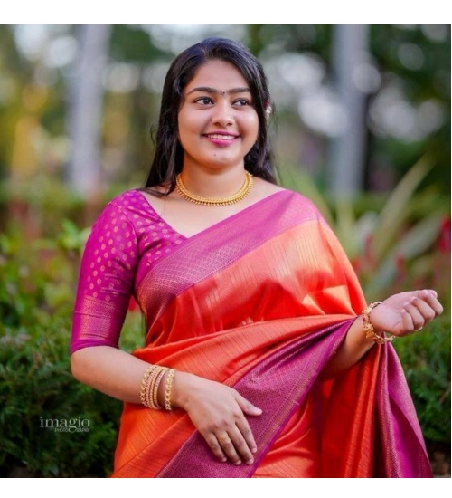 Generic Women's Soft Litchi Silk Jacquard Work Saree With Unstitched Blouse 5.5Mtr (Orange)