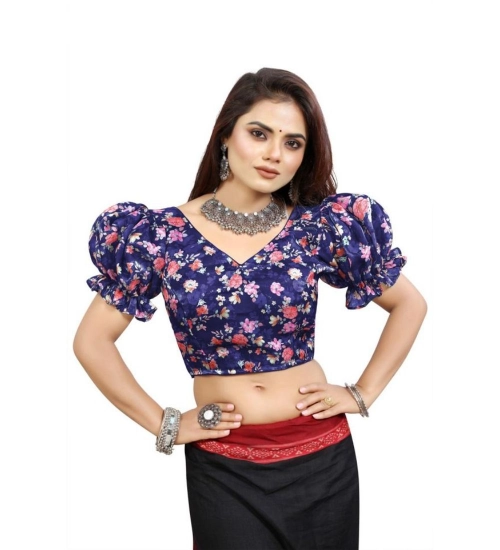Generic Women's Organza Printed V Neck Puff Sleeve Readymade Blouse (Navy 38 , Alterable up to 42)-PID65868 Generic Women's Organza Printed V Neck Puff Sleeve Readymade Blouse (Navy 38 , Alterable up to 42)-PID65868