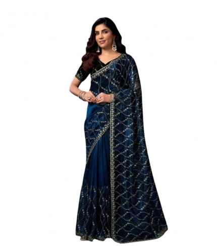 Generic Women's Net Sequence Saree With Unstitched Blouse 5.5Mtr (Blue)