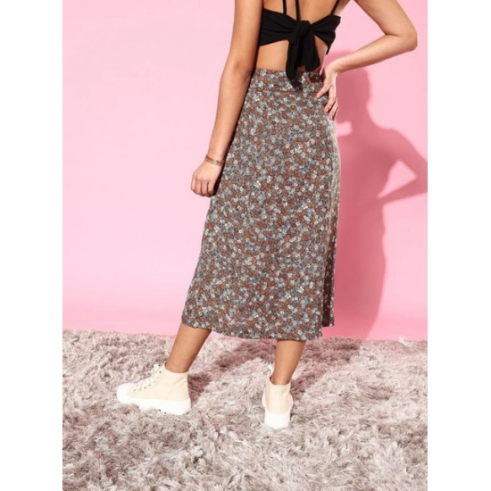 Generic Women's Polyester Floral Side Zip Skirt (Grey - Coral) Generic Women's Polyester Floral Side Zip Skirt (Grey - Coral)