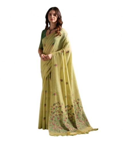 Generic Women's Blended_Cotton Floral Saree With Unstitched Blouse 5.5Mtr (Light_Green)