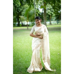Generic Women's Faux_Banarasi Lining Pattern Saree With Unstitched Blouse 5.5Mtr (Off_White)
