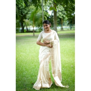 Generic Women's Faux_Banarasi Lining Pattern Saree With Unstitched Blouse 5.5Mtr (Off_White)