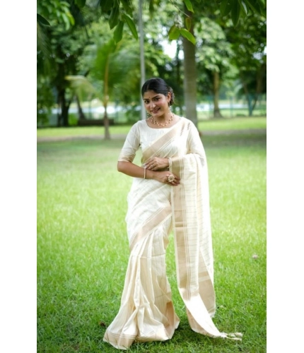 Generic Women's Faux_Banarasi Lining Pattern Saree With Unstitched Blouse 5.5Mtr (Off_White)