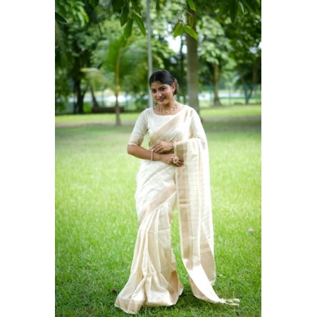 Generic Women's Faux_Banarasi Lining Pattern Saree With Unstitched Blouse 5.5Mtr (Off_White)
