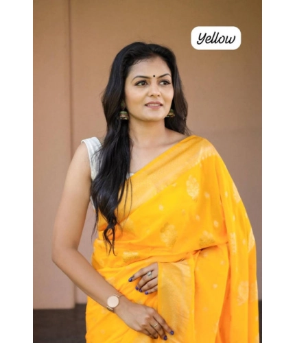 Generic Women's Soft Lichi Silk Printed Saree With Unstitched Blouse 5.5Mtr (Yellow)