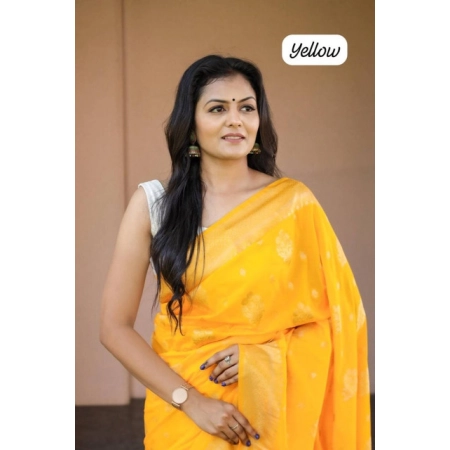 Generic Women's Soft Lichi Silk Printed Saree With Unstitched Blouse 5.5Mtr (Yellow)