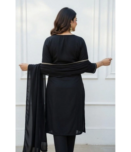 Generic Women's Georgette Ethnic Motif Round 3/4th Sleeve Kurti With Pant Dupatta Set (Black)