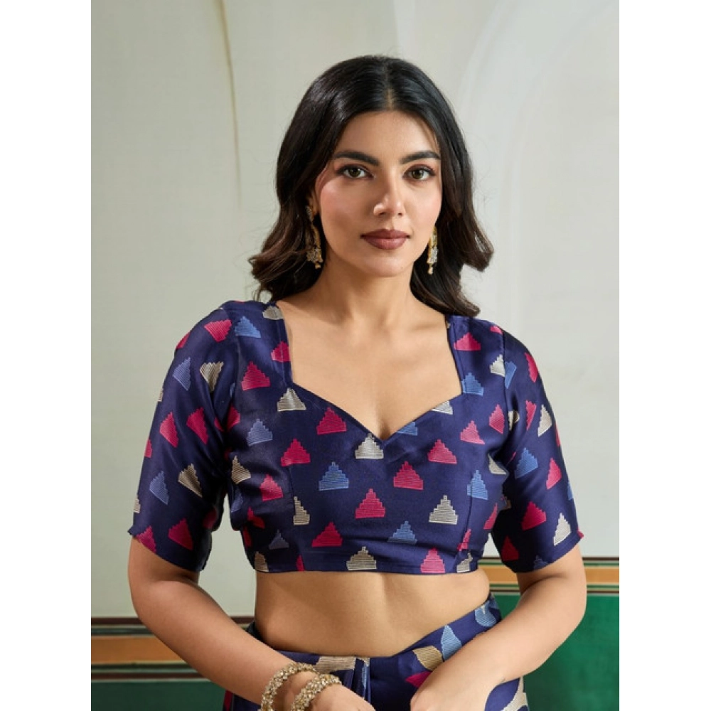 Women's Satin Crepe Printed Saree With Unstitched Blouse 5.5Mtr (Navy Blue)