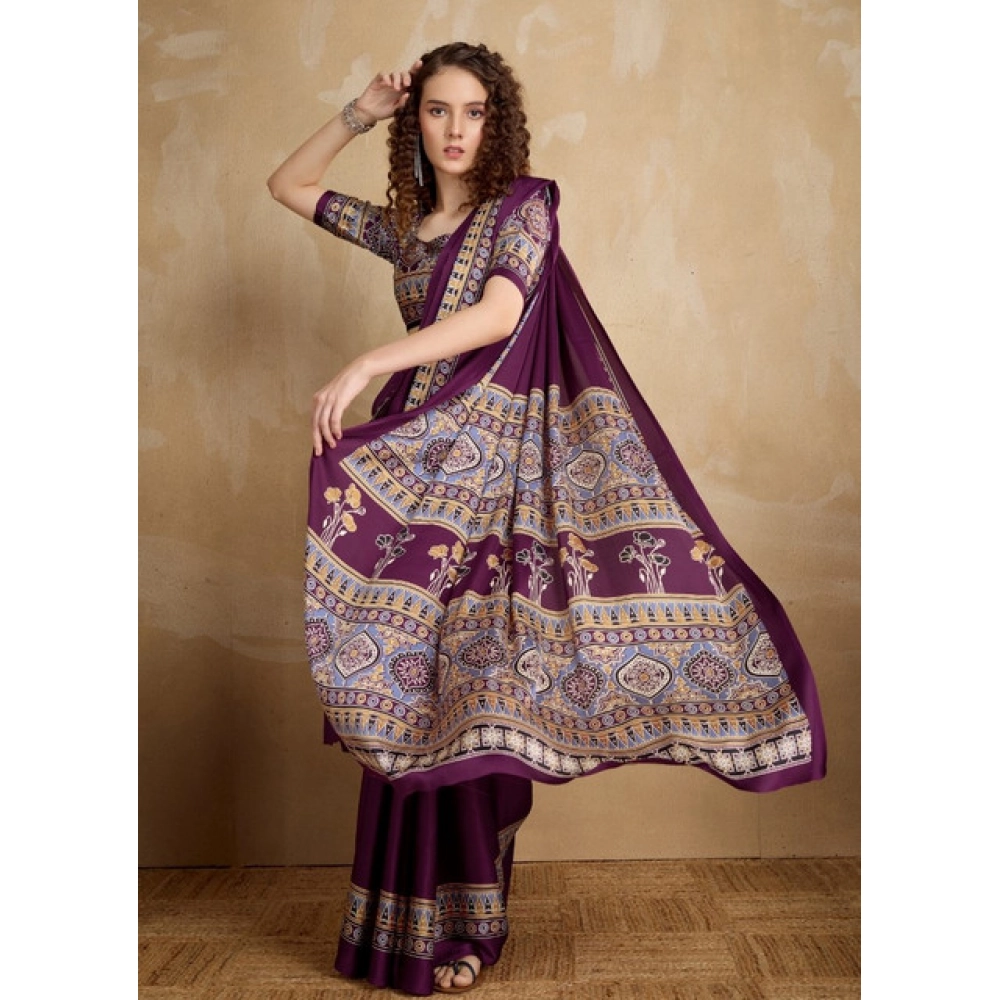 Generic Women's Satin Crepe Printed Saree With Unstitched Blouse 5.5Mtr (Purple)